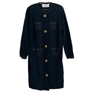 Vtg Steve Fabrikant Santana Knit Wool Buttoned Sweater Dress Black Gold Size M